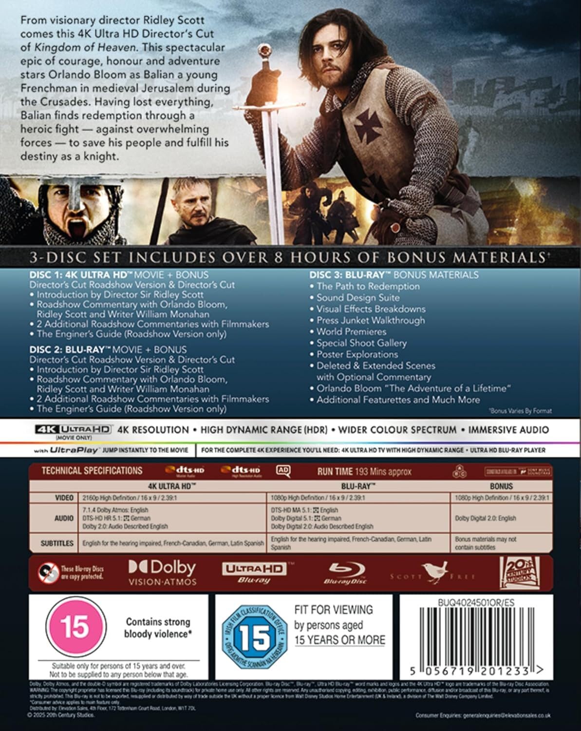 Kingdom of Heaven – (Director's Cut + Bonus Features, 3-Disc Set) [4K UHD + Blu-ray] [Region Free]
