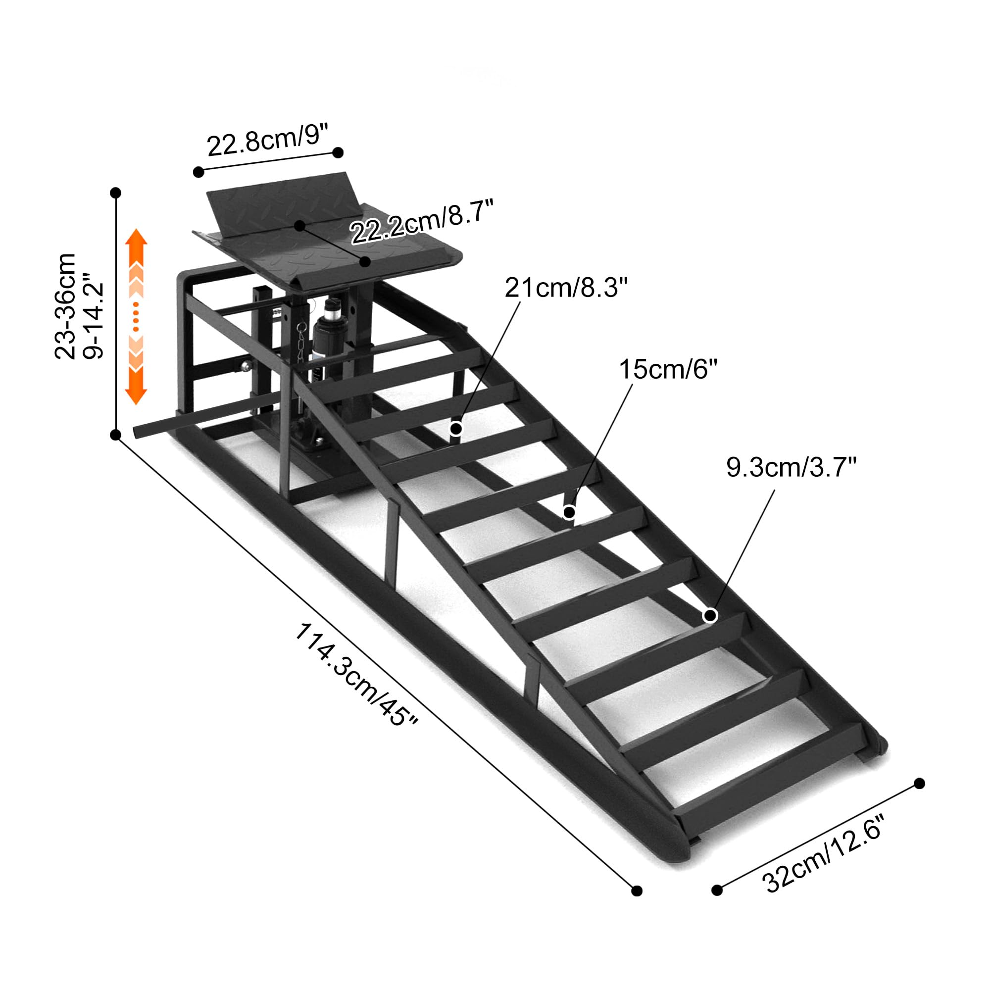 Juego de 2 rampas para coche con gato hidráulico y ruedas, capacidad de carga 5T (5000 kg), altura regulable 23 – 36 cm, plataforma elevadora para cambio de aceite y garaje, rampas de gato portátil