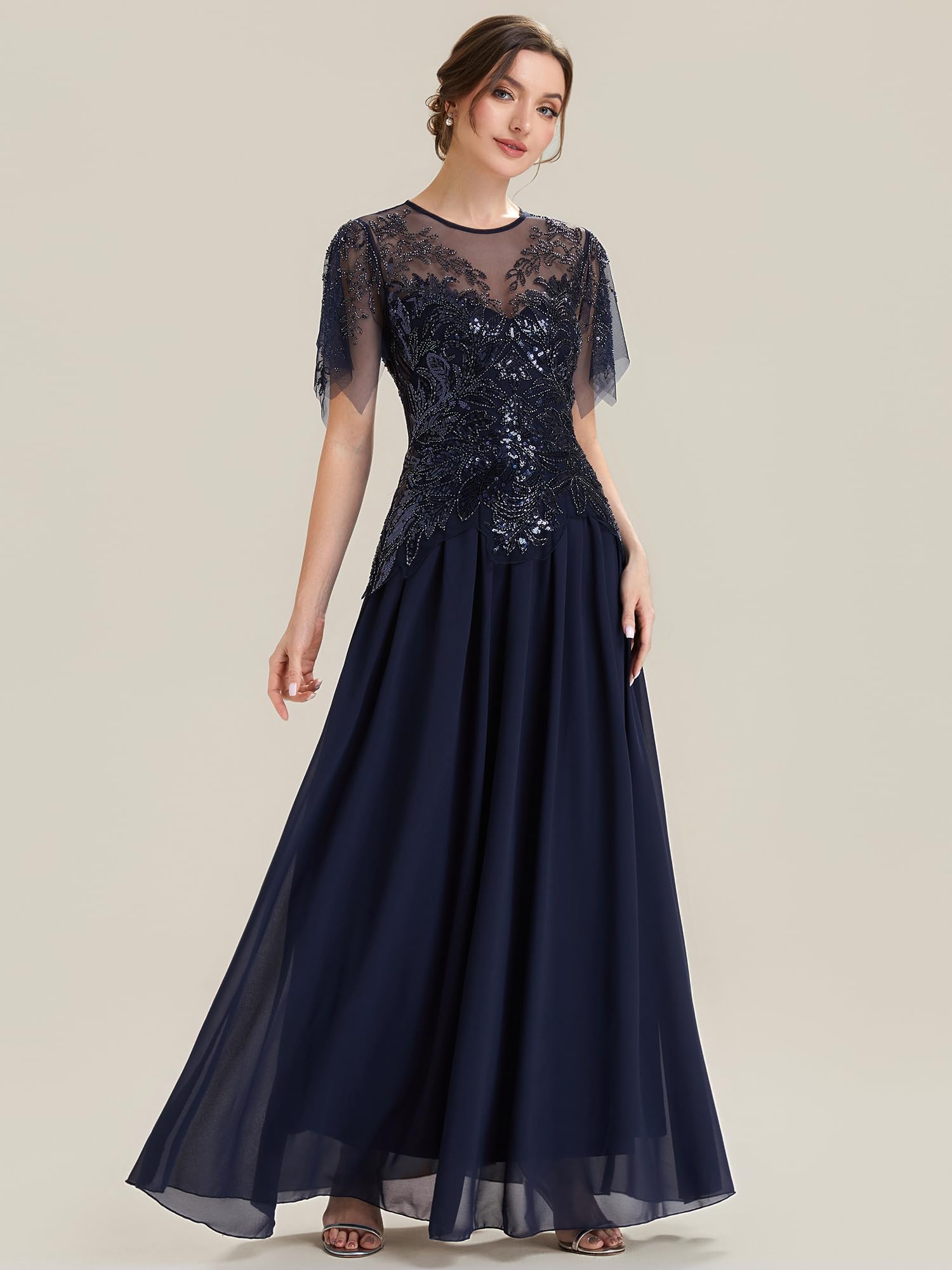 Ever-Pretty Abito Cerimonia Donna Collo Rotondo Maniche Corte Paillente Maxi Gonna Svasata EE02675