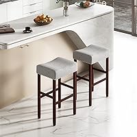 Vista 20 de ERGOMASTER Taburetes de bar, 24 pulgadas, modernos taburetes de sillín, madera de caucho, caqui/marrón, juego de 2