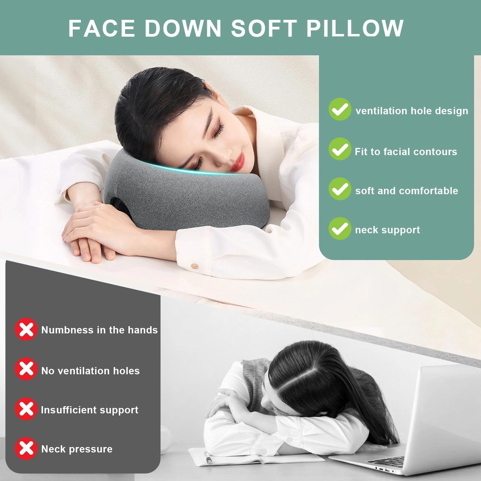 Almohada de Masaje Facial Boca Abajo con Agujero - Reposacabezas en Forma de U con Espuma Viscoelástica - Ideal para Camillas de Masaje, SPA, Salones de Belleza y Uso Doméstico（Gris）