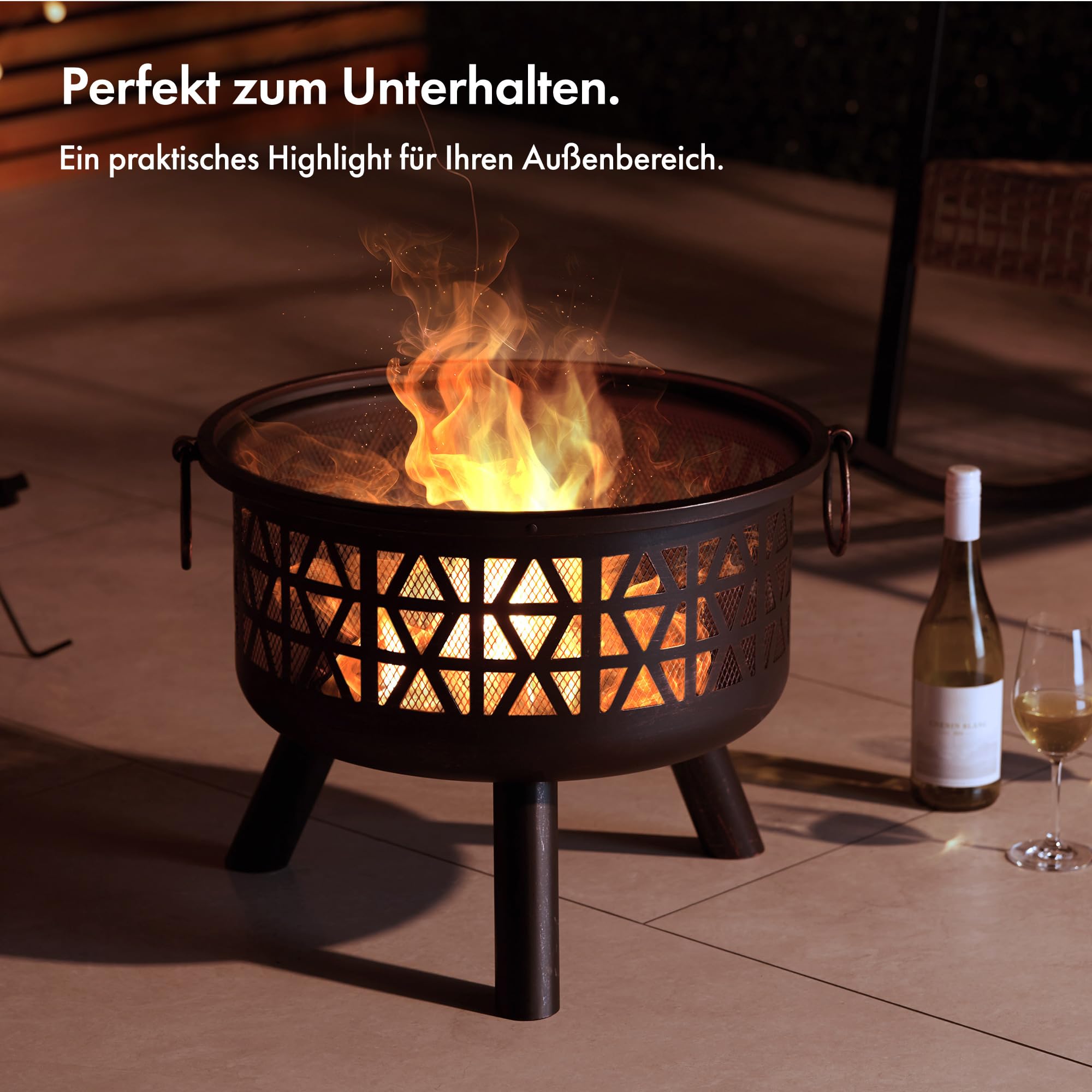 Vonhaus Feuerkorb aus Stahl tragbar Feuerstelle für Garten Terrasse Outdoor mit Funkenschutz Schürhaken
