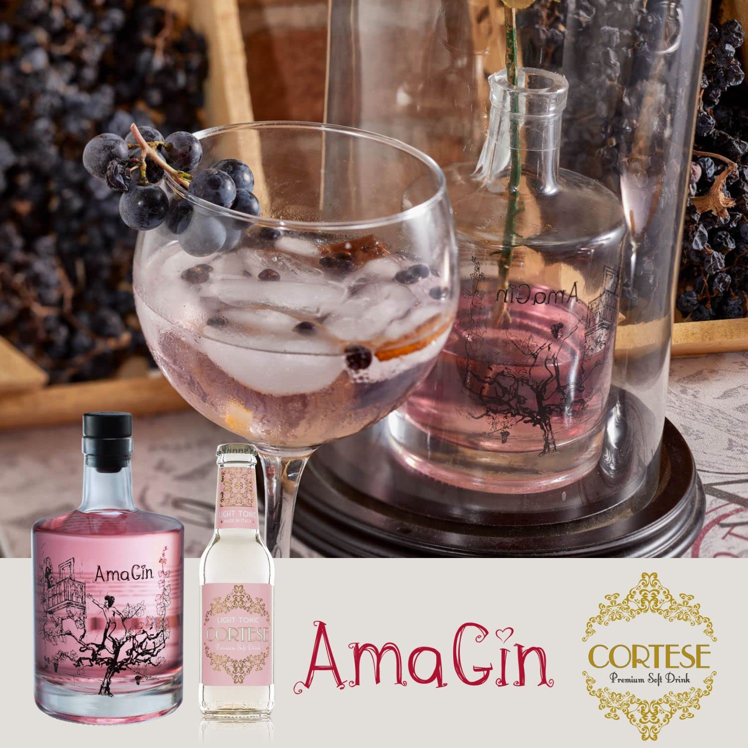AmaGin Kit Cortese Light – Gin 500ml Con Confezione + 4 Toniche Cortese Light – Da Distillazione Uve Corvina e Rondinella (Amarone della Valpolicella DOCG) – 40% Vol – Made in Italy – Gin Tonic