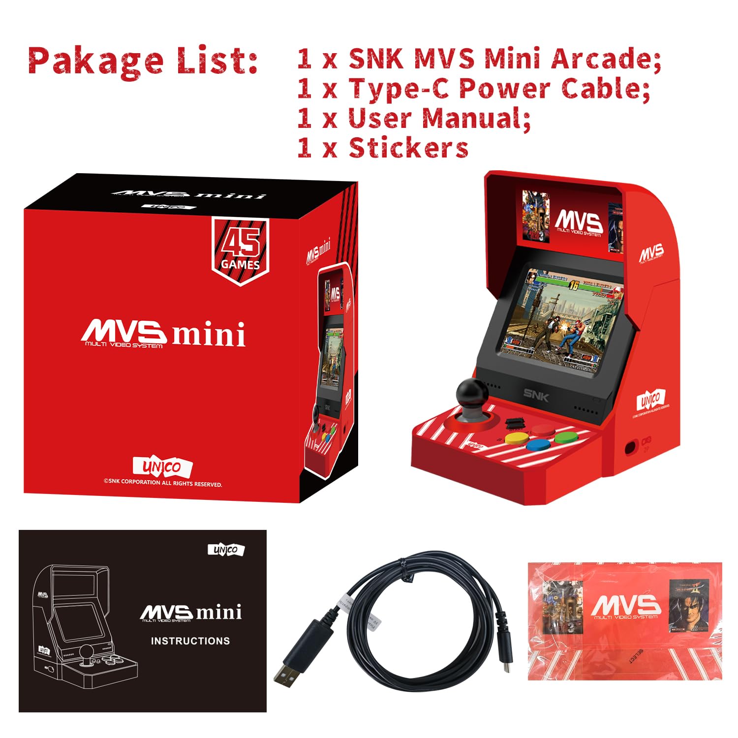 UNICO MVS Mini Arcade, 45 SNK-lizenzierte-Klassiker, Darunter the King of Fighters, Metal SLUG etc., Unterstützt Großbild-HDMI-Ausgang / 2 Gamepad-Anschlüsse / Geschenke für Erwachsene und Kinder