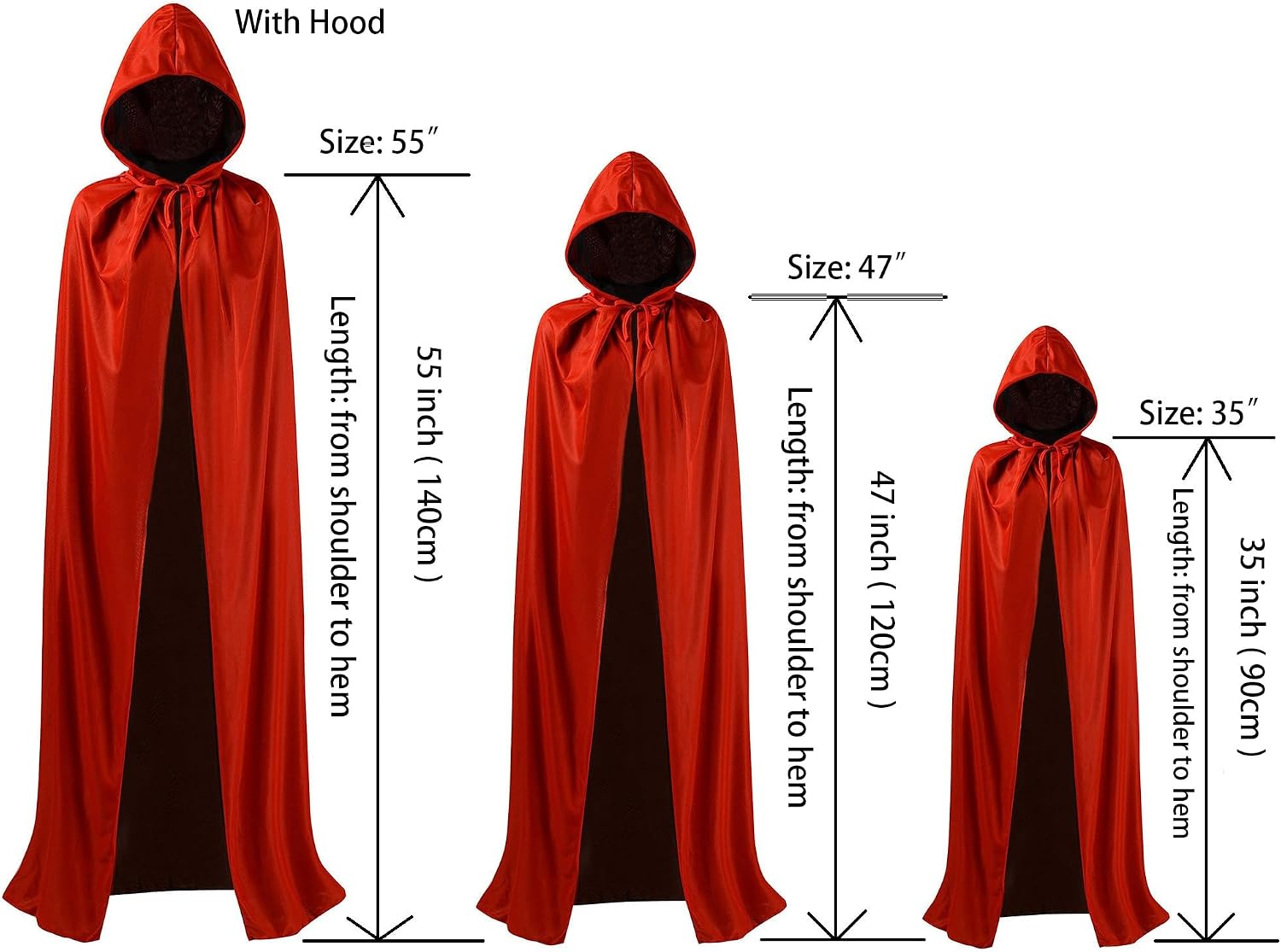 OurLore Black and Red Adults Reversible Halloween Christmas Cloak Masquerade Party Cape Costume (55 inch, With Hood)