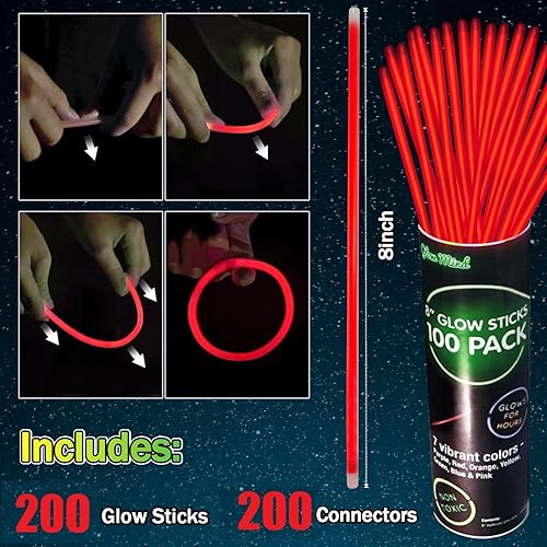 Miniatura 2 de 200 collares de pulsera de palos brillantes rojos a granel que brillan en la oscuridad, suministros de fiesta de 8 pulgadas con conectores para