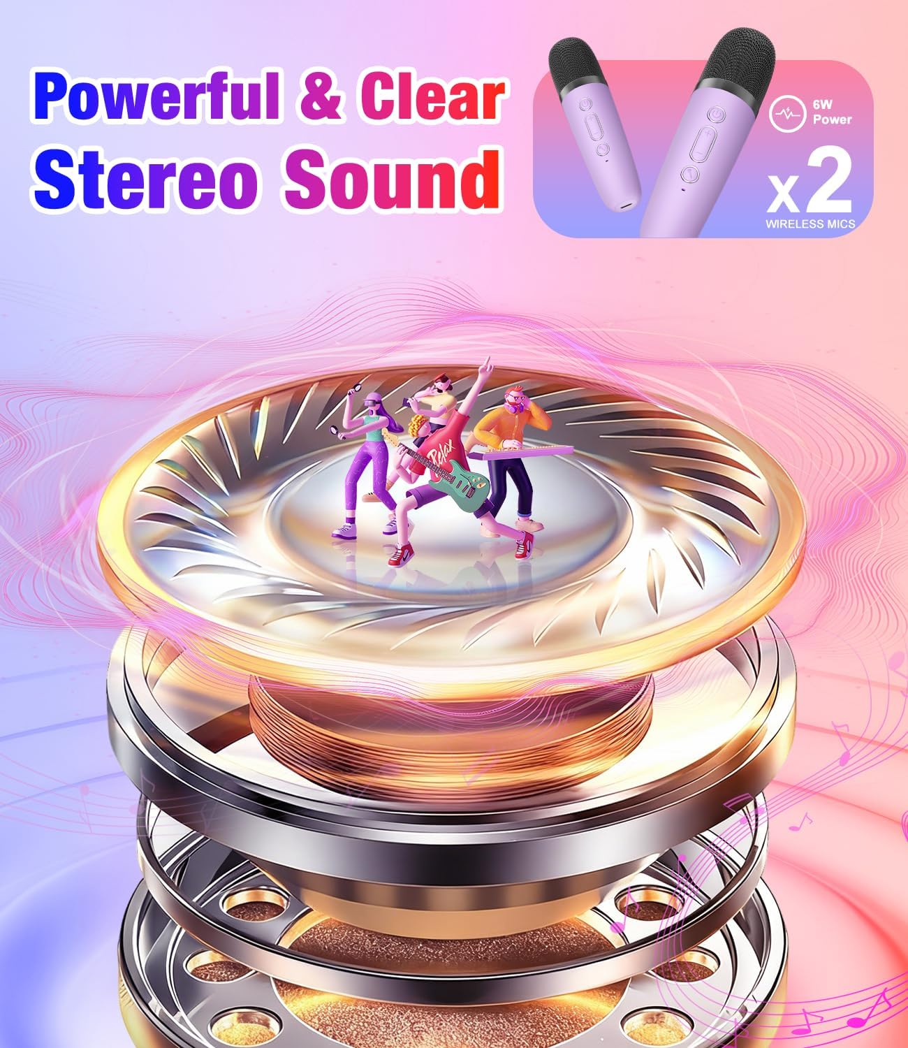 Mini Karaoke Machine, Portable Bluetooth Speaker with 2 Wireless Microphones for Kids & Adults, Karaoke Microphone with LED Lights, Gifts for Girls & Boys_Purple - Image 2