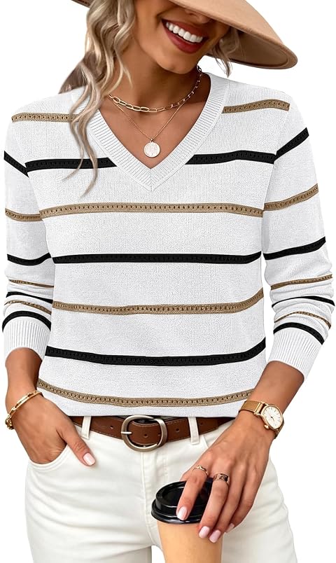 WIHOLL Sweaters for Women V Neck Long Sleeve Shirts Fall Outfits