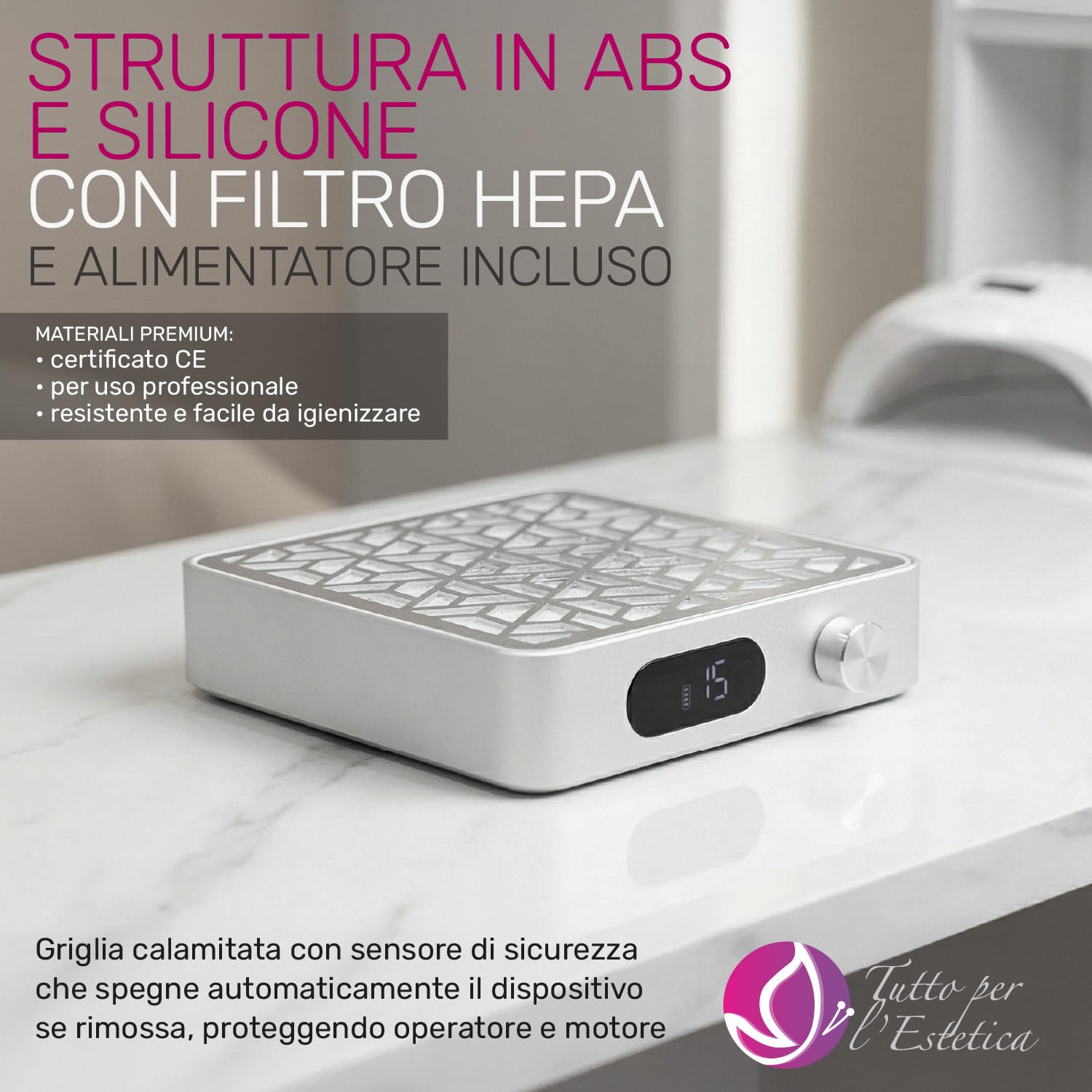 Aspiratore Unghie Professionale Ricaricabile con Display Digitale, Filtro Lavabile, Sicurezza Magnetica