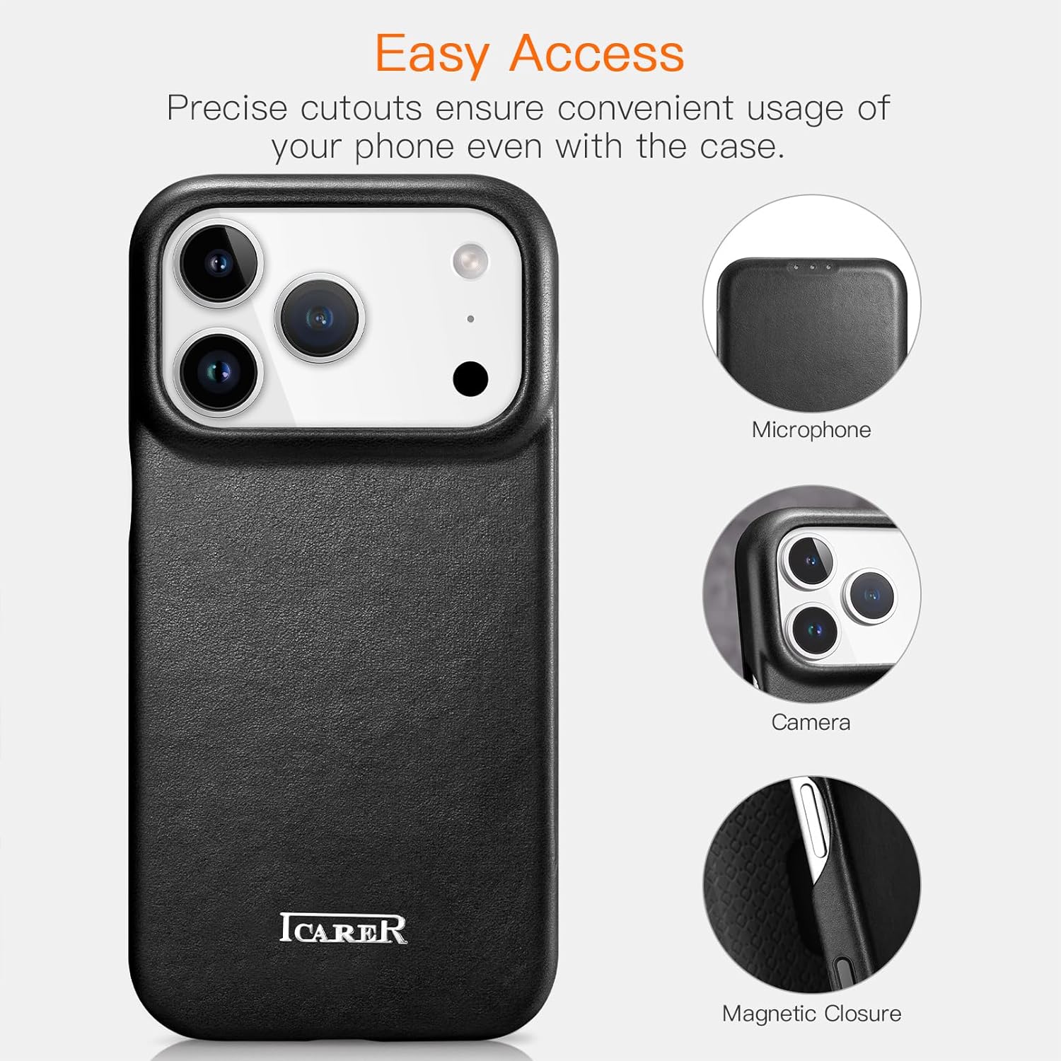 ICARER iPhone 17 Pro Max Case, Genuine Leather Case(Support MagSafe), Magnetic Closure with RFID Card Slot Cover Compatible for Apple iPhone 17 Pro Max 6.9 inch 2025 Model (Black)
