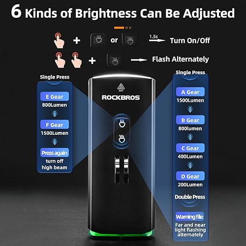 Miniatura 5 de ROCKBROS Luces de bicicleta de 10000 mAh USB-C recargables para bicicleta para conducción nocturna, 3000 lúmenes, luces brillantes para bicicleta,