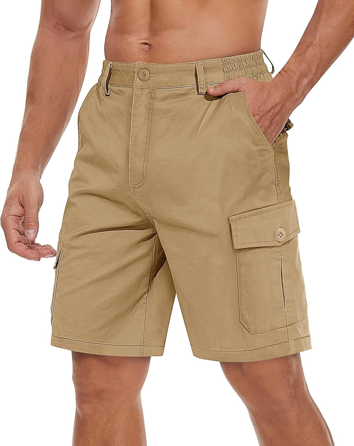 TACVASEN Men's Cargo Short 6 Pockets Comfortable Twill Cotton Elastic Waist Causal Work Shorts