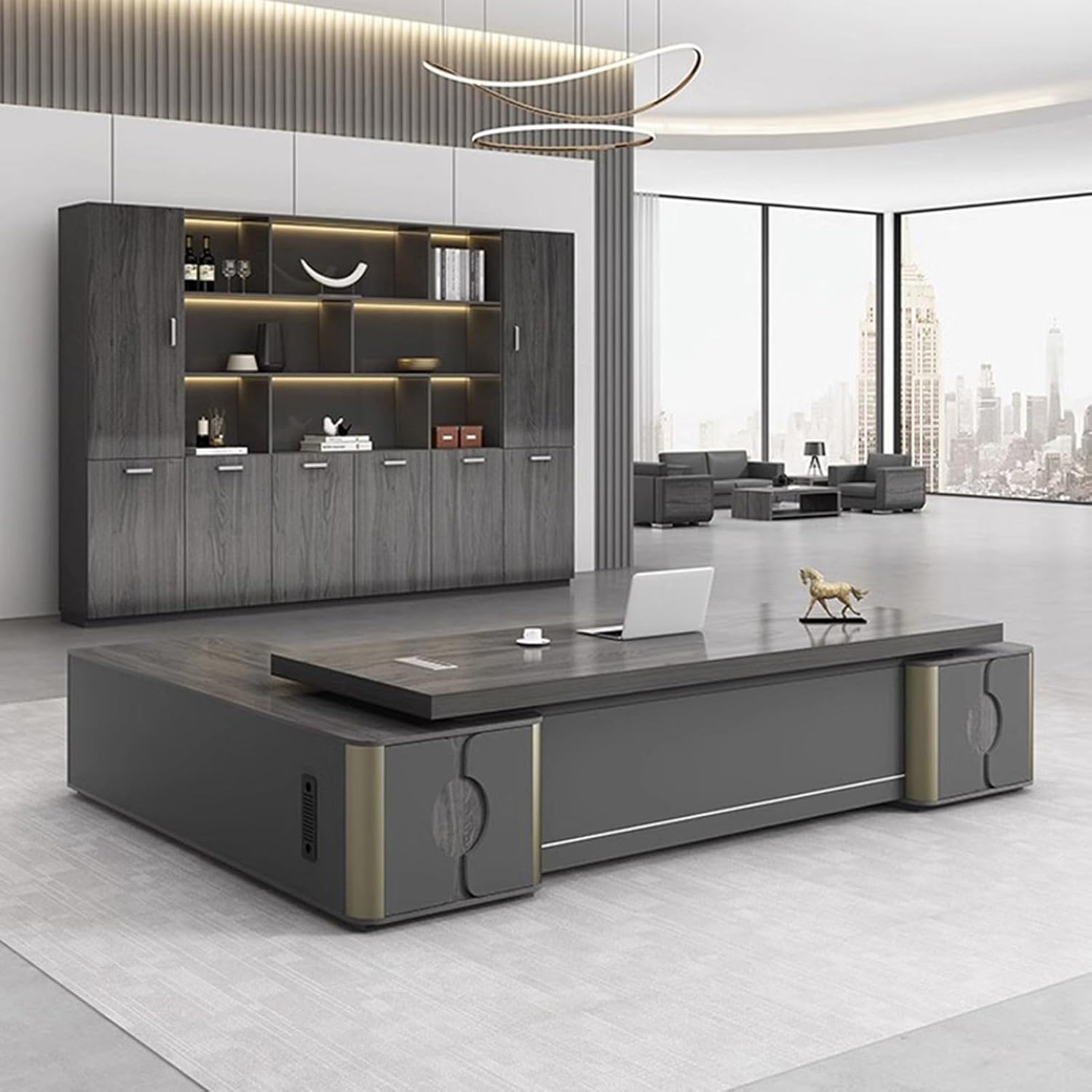 Grey L Shaped Computer Desk Executive Office Desk with Lateral Cabinet Study Writing Table Business Furniture Set for CEO Boss