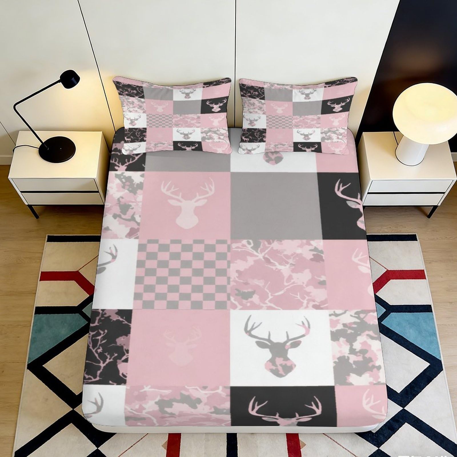3D Printed Pink Grey Deer Pattern Fitted Sheet Microfiber Soft Durable Camouflage Bed Cover for Bedroom Dormitory Guest Room Mattress Protection 180x200x25cm