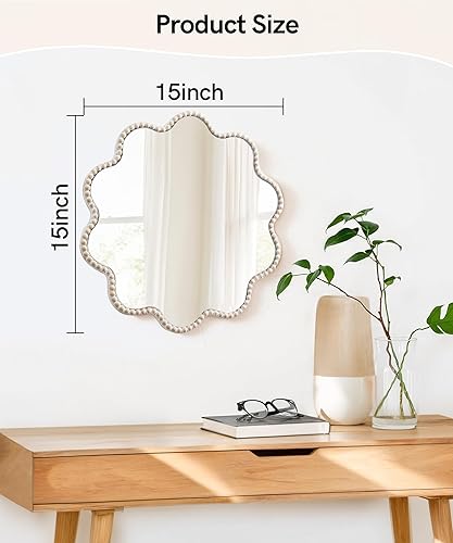 Miniatura 3 de Espejo de pared, espejo redondo de granja con cuentas, marco ondulado, círculo para colgar, decoración de pared bohemia para sala de estar, entrada,