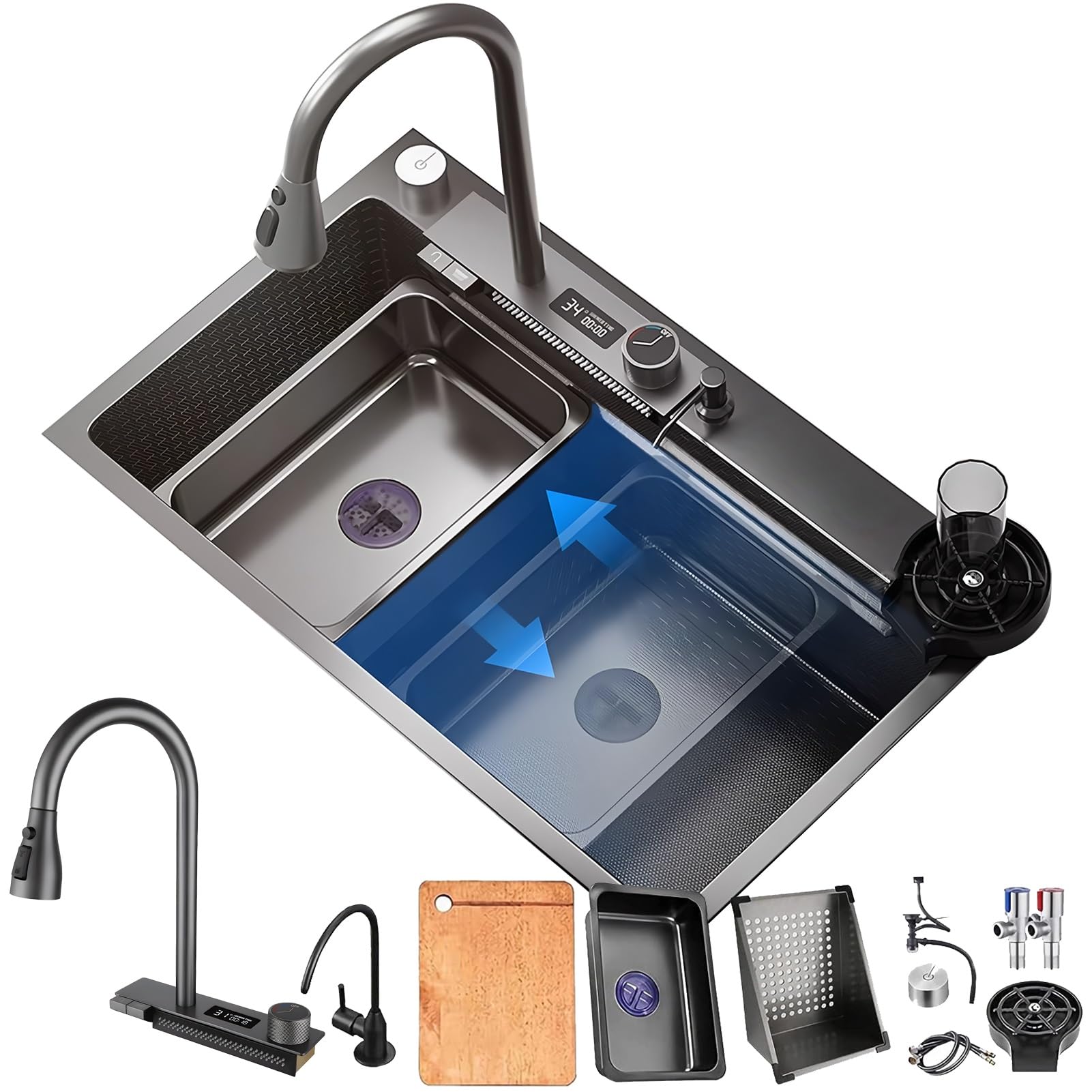 ZQFHSX Kitchen Black Waterfall Sink, Stainless Steel Left Faucet, Multifunctional Single Bowl Sink– 50cm Large Workstation Sink With Pull-Out Siphon, Overflow And Drain S