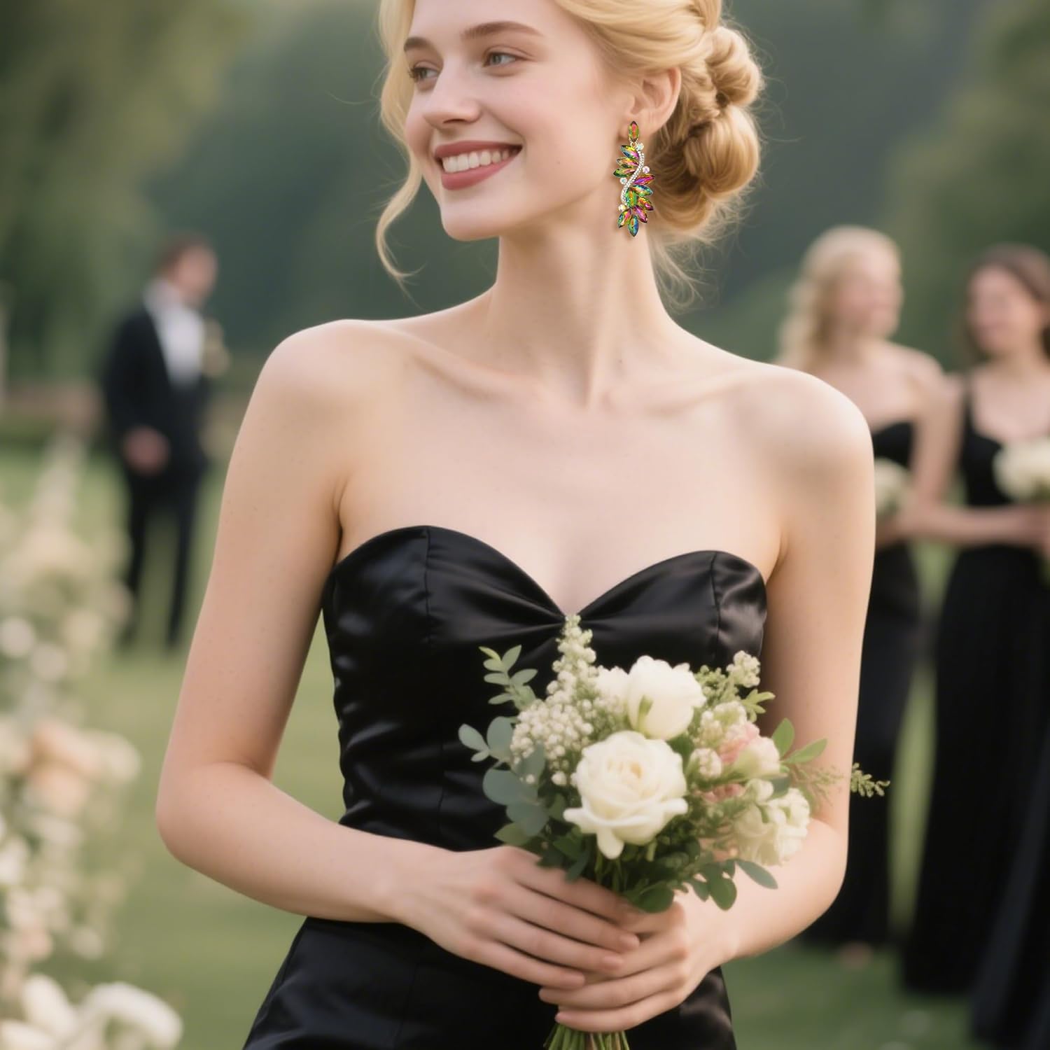 BriLove Women's Wedding Bridal Crystal Multi Marquise Filigree Flower Chandelier Clip-On Dangle Earrings - Image 3