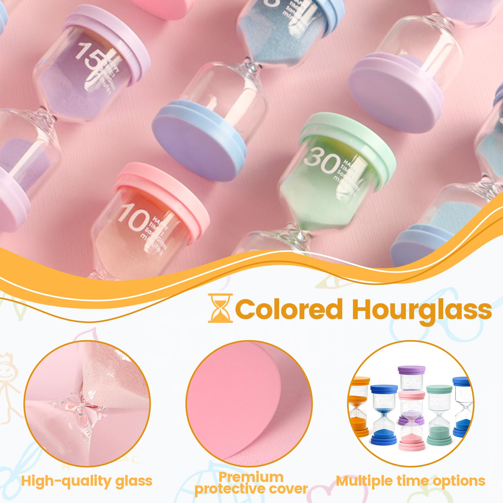 KAIYAY Set di 6 clessidre per bambini, con clessidra colorata per bambini, set da 1/5/10/15/20/30 minuti, timer in vetro per la vita dei bambini, apprendimento, tempistica, regali creativi