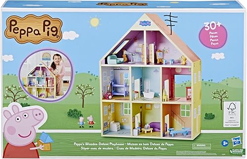 Miniatura 9 de Peppa Pig Casa de juegos de madera de lujo, 8 habitaciones, incluye 2 figuras divertidas y 29 accesorios, hecha de madera de origen responsable,