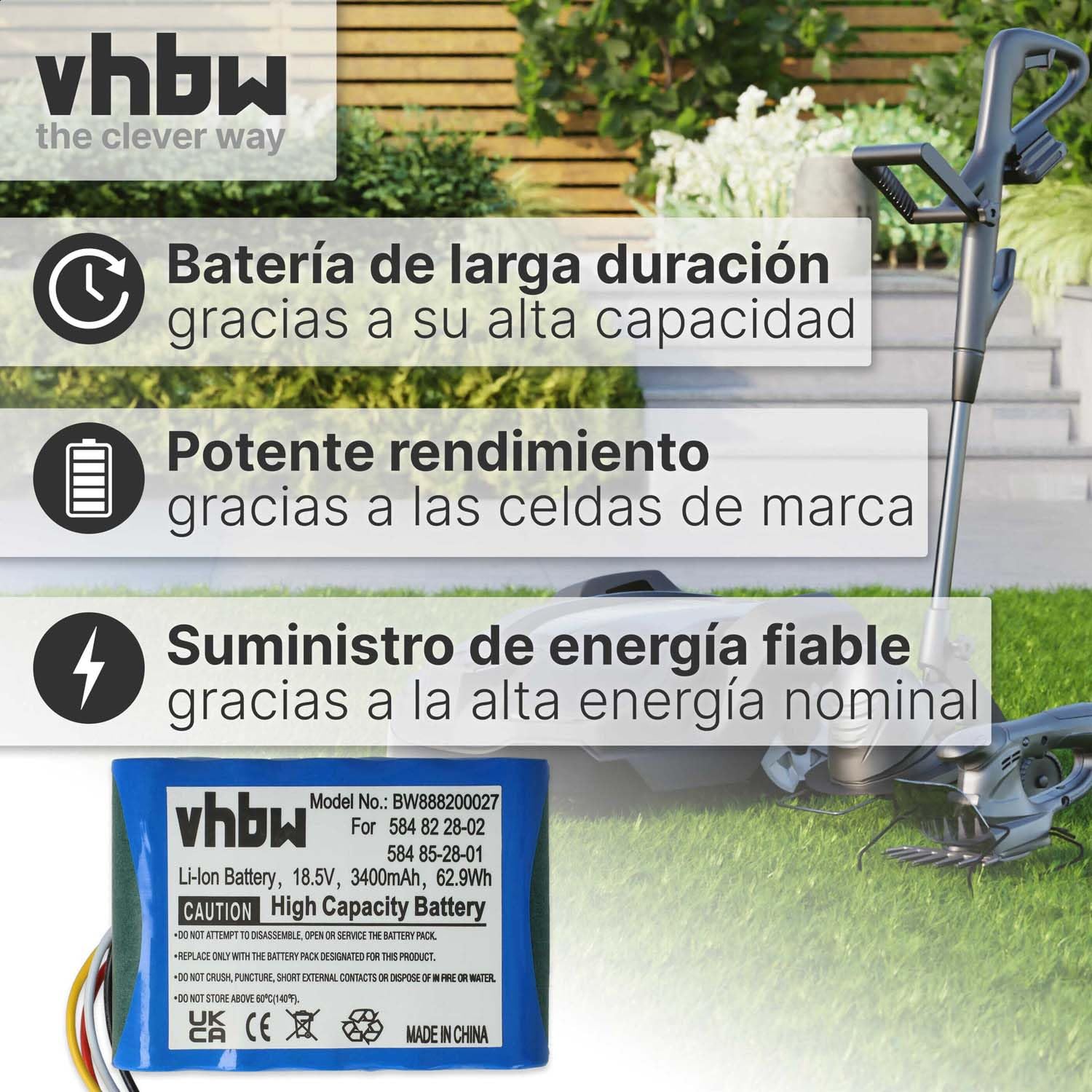 vhbw Batería Compatible con Gardena Sileno - R100Li, Sileno - R100LiC, Sileno City 250 15001 cortacésped 3400mAh 18,5V Li-Ion