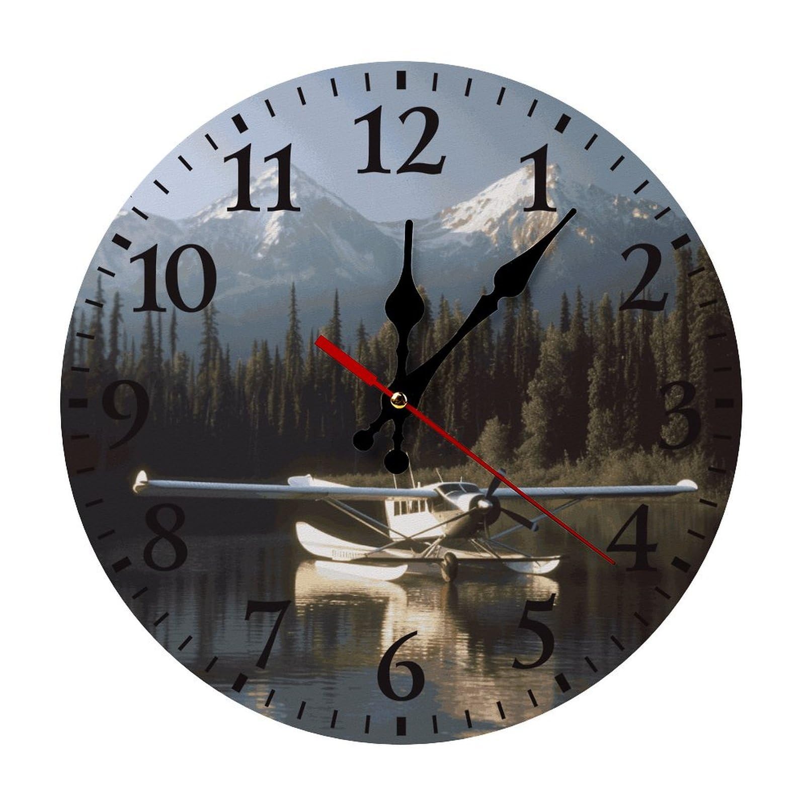 QMNLKH Airplane on Lake Wall Clock for Home, Battery Operated Clock for Hotel, Round Wall Clock with Arabic Numerals Black, Easy to Read, Non-Ticking Clocks for Living Room 25 * 25cm