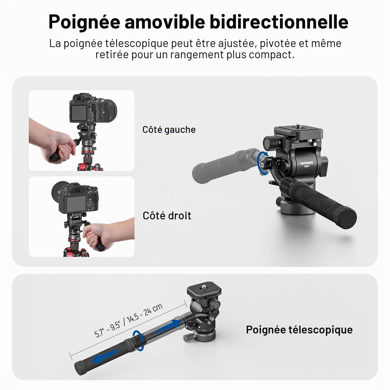 NEEWER GM27 Tête Fluide pour Trépied Vidéo avec Base de Nivellement +/-10° 37 mm, Plaque à Dégagement Rapide Type Arca, Poignée Télescopique