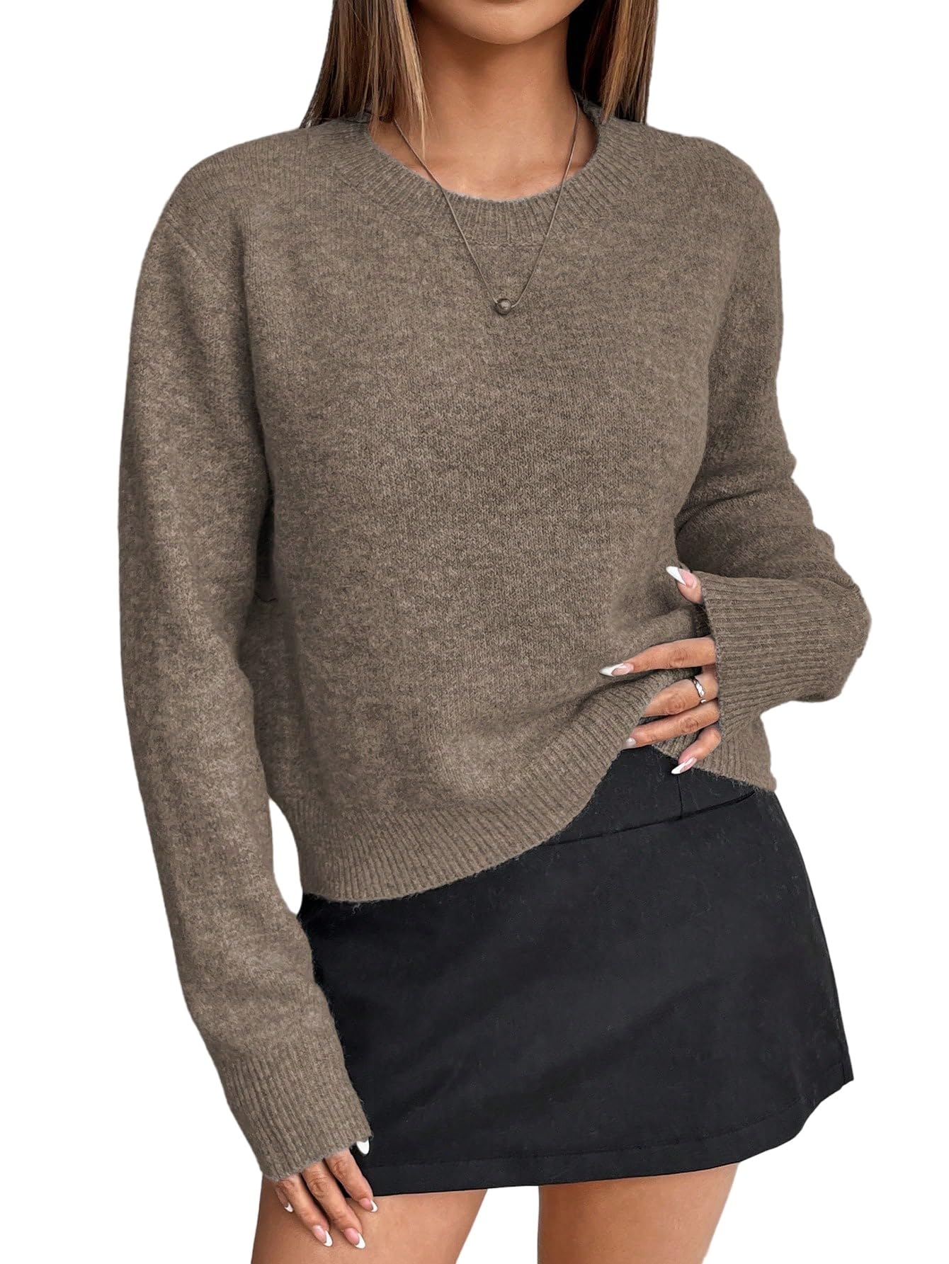 MakeMeChic Womens Cropped Pullover Sweater Crew Neck Long Sleeve Lightweight Knit Cozy Sweaters