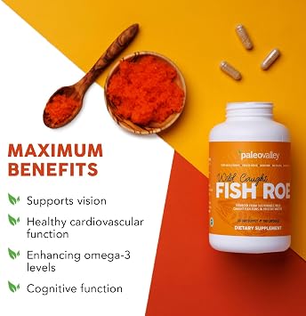 Paleovalley Wild Caught Fish Roe - DHA/EPA, Full Spectrum Omega -3 Fatty Acids - Inflammation, Vision, Mood, Immunity Boost - 28 Servings