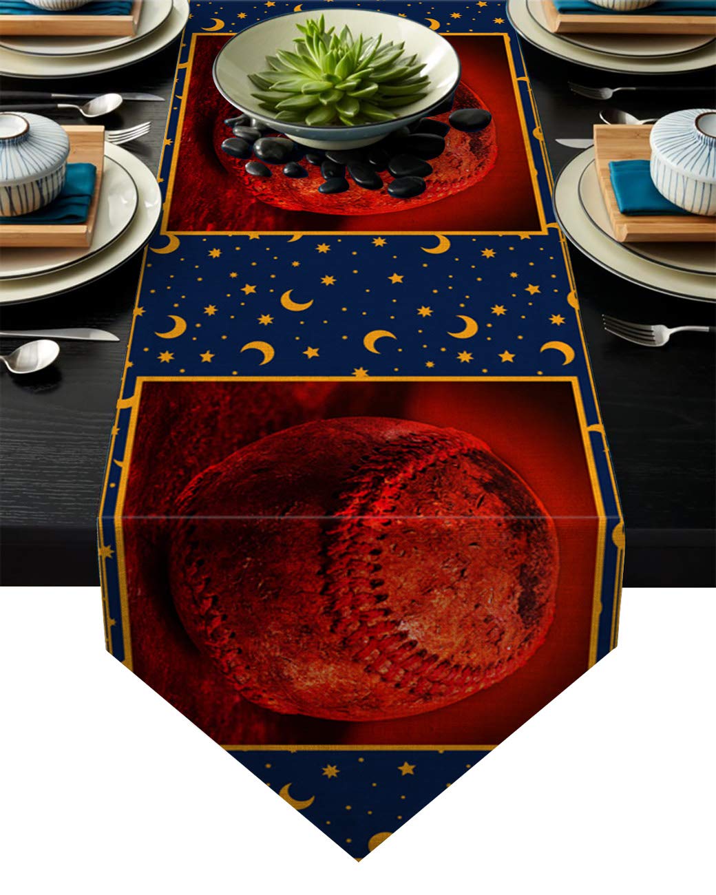 Anzona Cotton Linen Triangle Table Runners, Vintage Star and Moon Shaped Baseball, Modern Table Runners Dress Scarves for Wedding Party Holiday Table Setting Decor 18'' x 72''