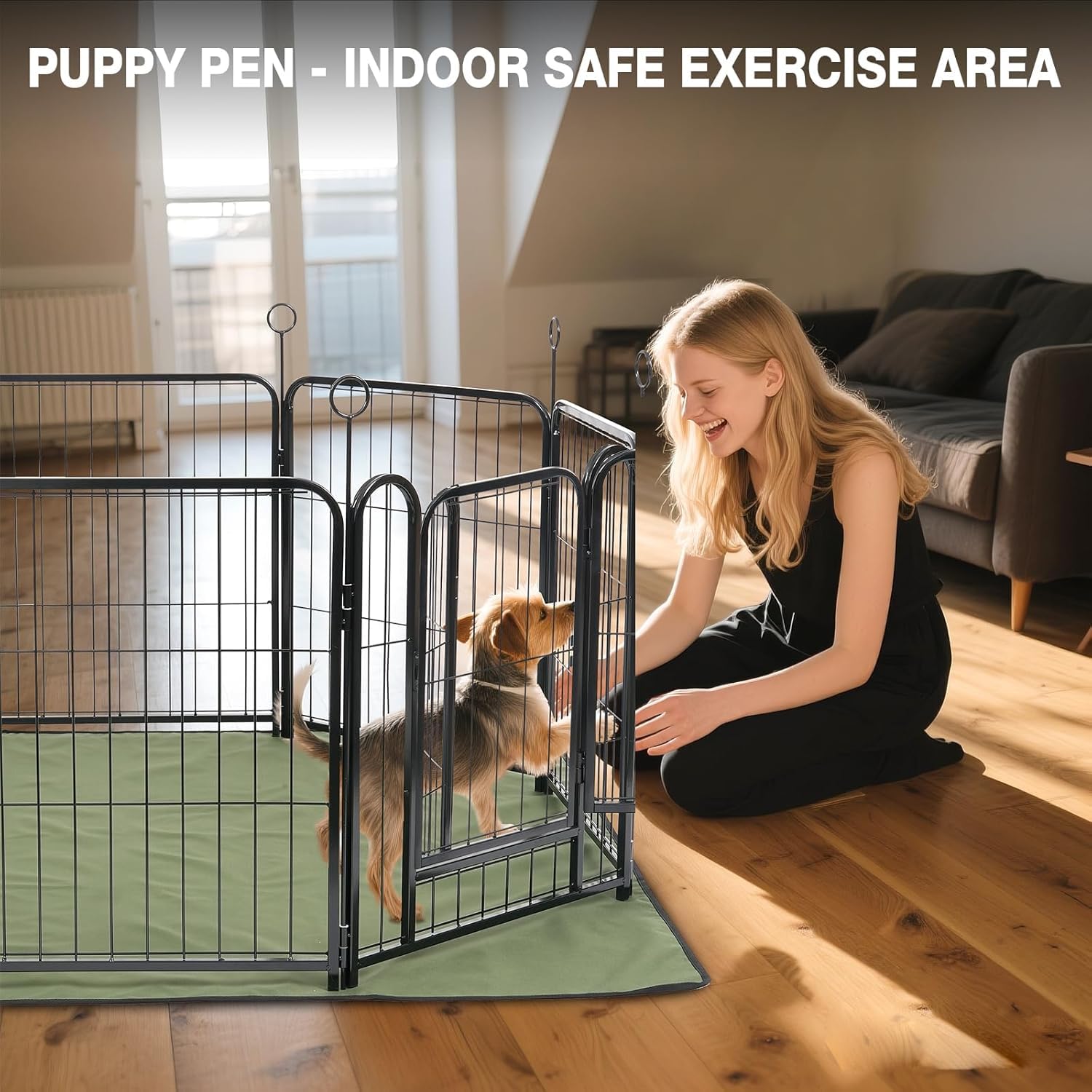Lekesky Welpenauslauf Metall 60 cm, 8-teilig mit Tür & wasserdichter Bodenmatte Faltbar – Welpenlaufstall/Hundelaufstall für kleine Hunde & Welpen, auch als Kaninchenzaun (kurzfristig draußen)