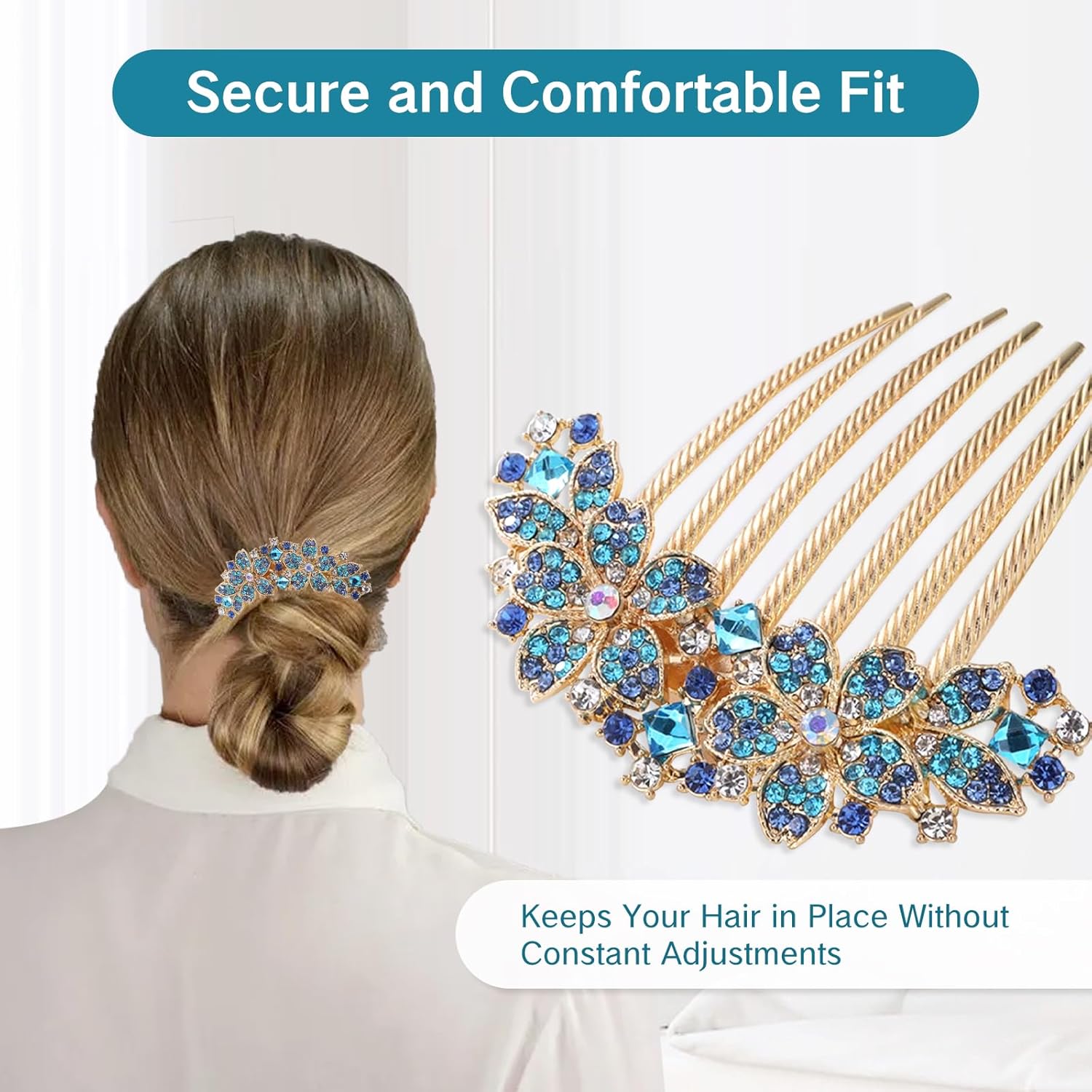 NIIIYTYB Decorative Hair Combs for Women Teal Rhinestone Flower Hair Comb Jeweled Decorative Hairpin Barrette Fancy Clip Accessories Rhinestone Brooch Elegant Comb for Women Floral Blue Ornament - Image 5