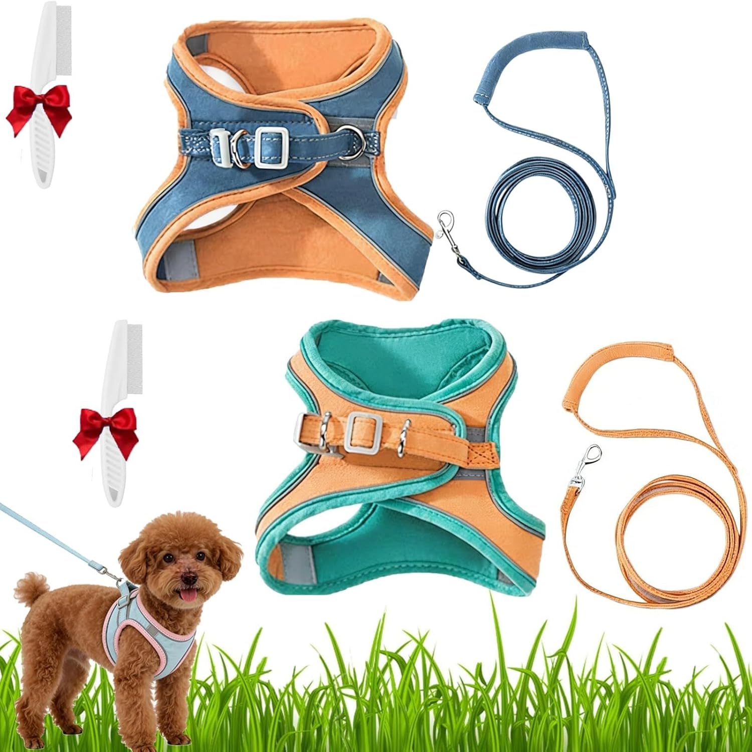 Cat Harness, Escape-Proof Cat Harness and Leash Set, Breathable Soft Adjustable Step-in Cats Leash, Easy Wear Outdoor for Small Medium Cats(Blue+Green,L (9-15 lb))