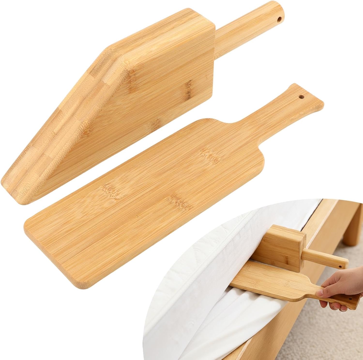 Bamboo Mattress Lifter & Bed Sheet Tucking Tool Set, 2-Piece Bed Maker Tools for Changing Sheets, Sturdy Wedge Lifts and Holds Mattress, Tucking Paddle for Seniors & Caregivers