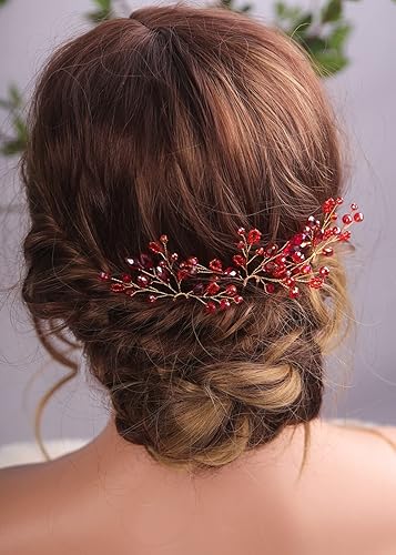 Teyglen Juego de 2 alfileres de cristal para novia de boda, cuentas de diamantes de imitación rojos, accesorios para el cabello de novia, oro,