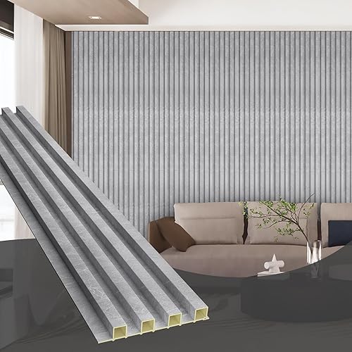 Miniatura 26 de OUZUGIE WPC Paneles de Pared de Laminilla Acústica, Paquete de 8 Paneles de Pared 3D de 114 x 6 Pulgadas para Decoración de Paredes Interiores, Sala