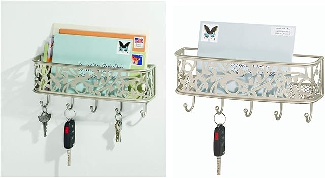 iDesign Wall Mounted Letter Rack, Metal Key Holder for Wall with 5 Hooks, Modern Key Rack Organiser for Hallway or Kitchen, Matte Silver