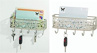 iDesign corbeille à courrier avec 5 crochets pour clés, petit rangement mural en métal avec support, module de rangement décoratif pour courrier et post-its, argenté mat