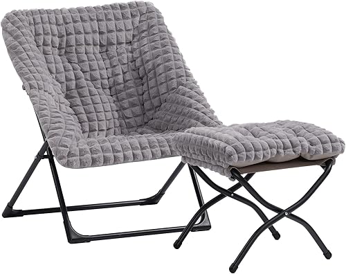 HollyHOME Silla platillo extragrande con otomana plegable, cómoda silla plegable de gran tamaño y reposapiés plegable, silla de lectura de piel