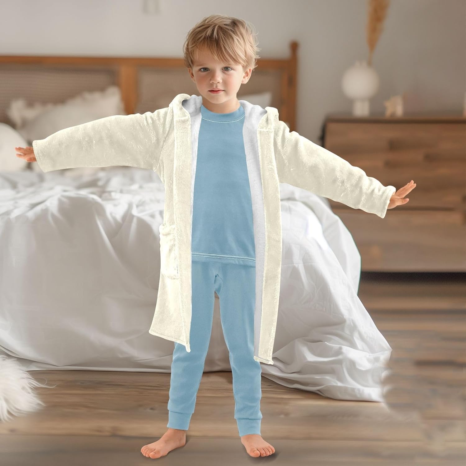 ODAWA Cornsilk Kids Bathrobe, Soft Plush Hooded Robe for Boys Girls, Quick Dry Bath Towel Wrap with Pockets