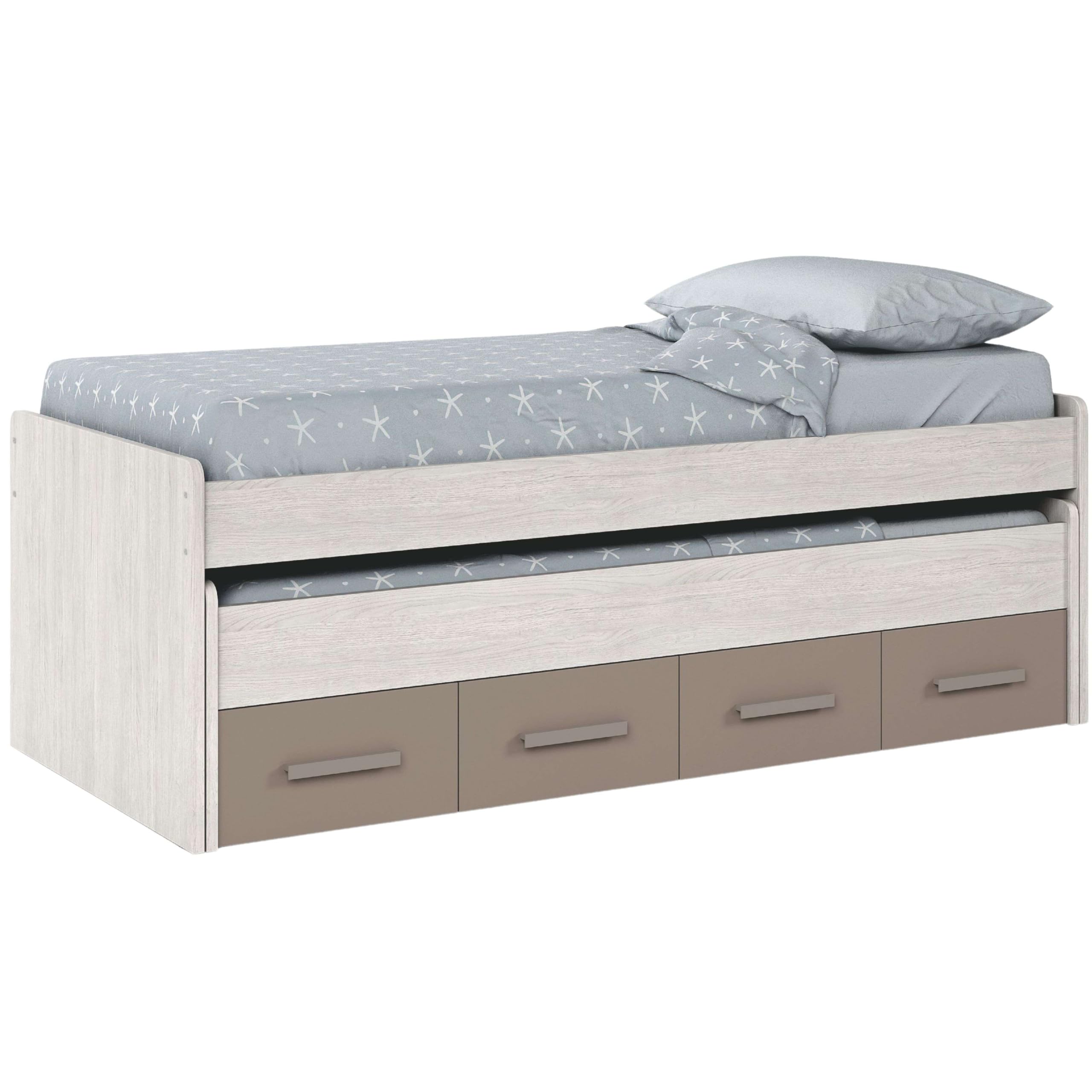 Habitdesign Cama Nido Juvenil, 2 Camas y 2 cajones, Modelo Ares, Acabado en Color Blanco Alpes y Basalto, Medidas: 198 cm (Ancho) x 69 cm (Alto) x 96 cm (Fondo)