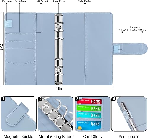 Vista 113 de Antner - Archivador de piel sintética con 6 anillos, para papel de tamaño A6, agenda personal con hojas sueltas y cubierta con cierre magnético