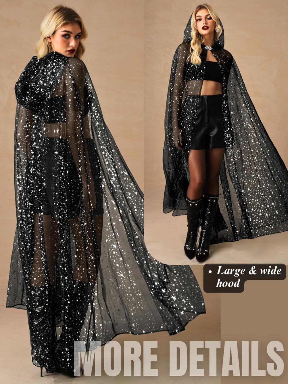 Kaei&Shi Star Tulle Cape,Long Sheer Hooded Cloak Gothic Witch Costume,Celestial Dress For Women Halloween Wedding - Image 3