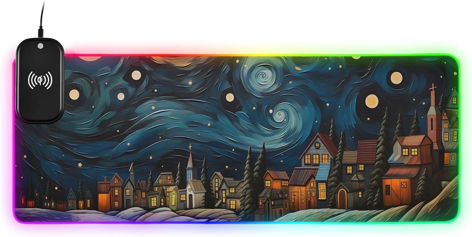 Mouse Pad Gaming with Wireless Charging, Extended Personalized LED Mousepad Desk Mat with 14 Light Effects for Desk Abstract Painting Town Print