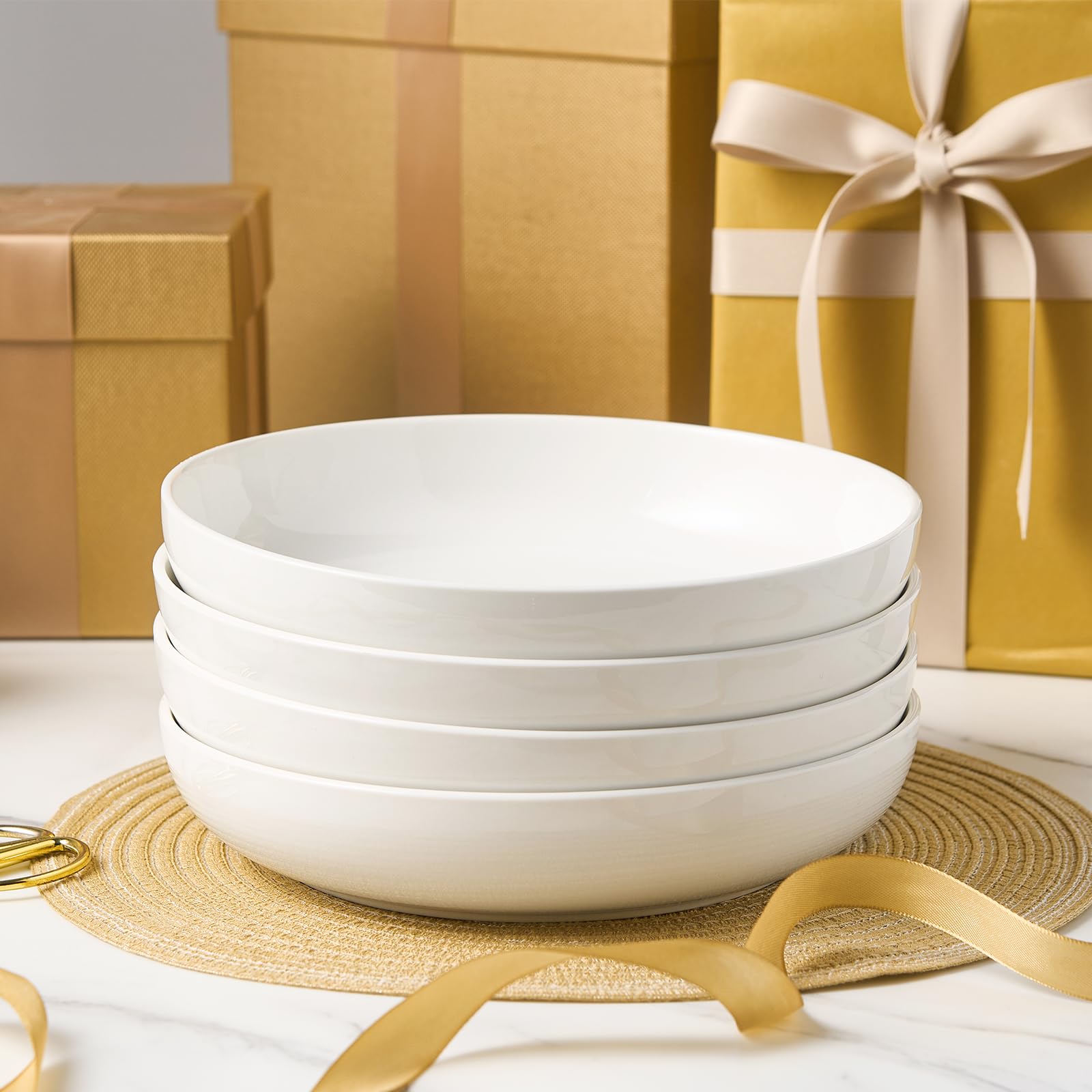 Jassceram - Juego de 4 cuencos para pasta de cerámica de 25 cm para cereales, sopa, filete, fideos, aptos para microondas, lavavajillas, color blanco roto, 25 cm