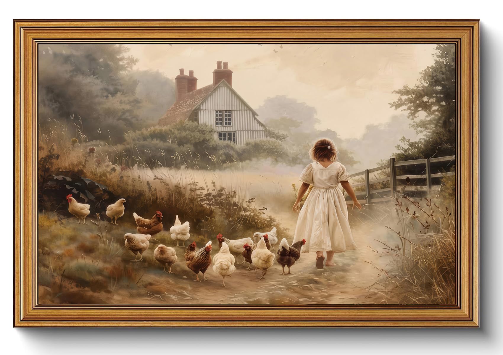 Gold Framed Wall Art Vintage Girl Chicken Farm Canvas Art