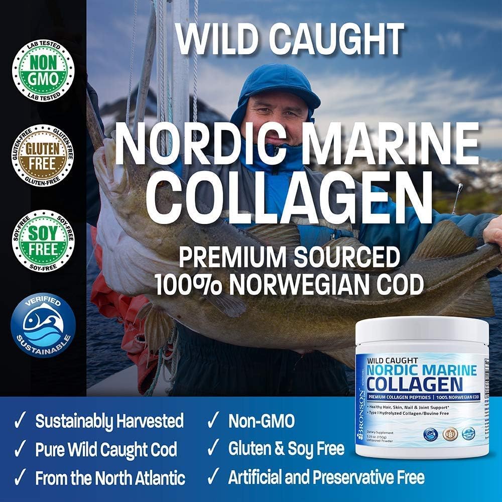 Bronson Marine Collagen Peptides Hydrolyzed Protein Powder + Antarctic Krill Oil 1000 mg with Omega-3s EPA DHA