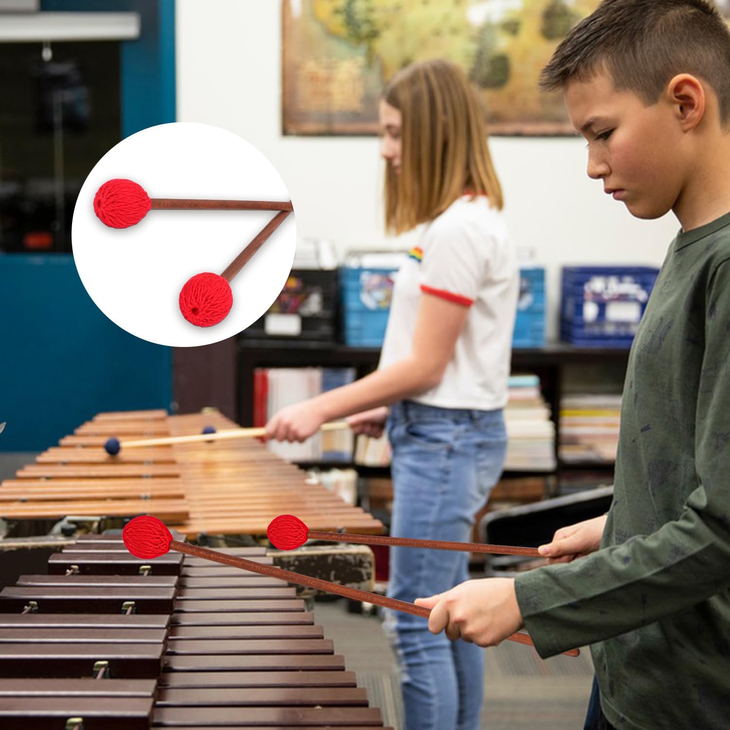 2 Pair Red Marimba Mallets - Professional Marimba Mallets Set with Yarn Mallets and Birch Handle,Medium Hard Mallets, Ideal for Marimba, Xylophone, Vibraphone, Percussion Instruments