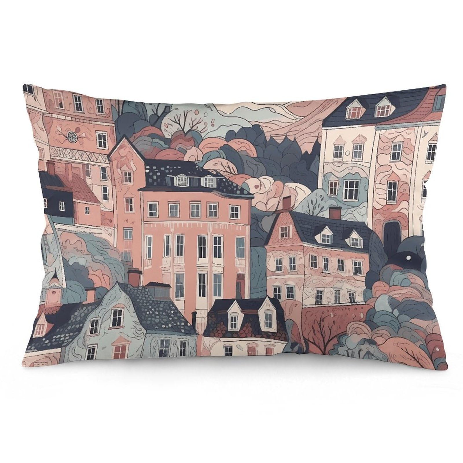 2 Pack Pillow Cases for Hair and Skin, Soft Breathable Pillow Case Covers with Hidden Zipper, Small Town Pattern Pillowcase 16 "x24 Pillow Covers for Sleeping Gift
