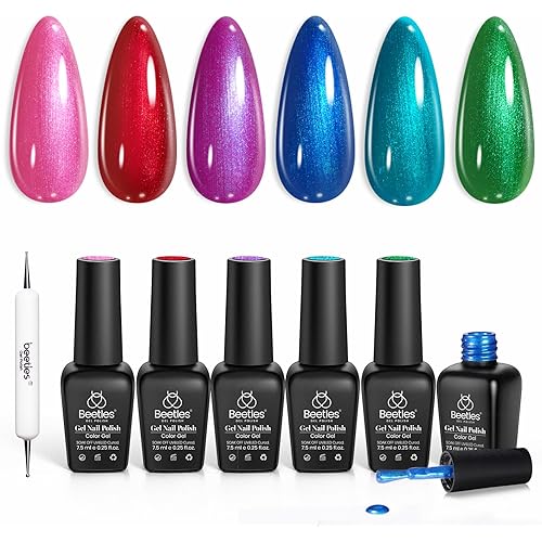 Beetles Pearl Gel Nail Polish Set, Dark Color Pink Red Purple Green Blue Nail Drawing Gel Polish 6 Colors Shimmer Mystic Flow Swirl Thread Effect Soak Off LED UV Curing for DIY Nail Art