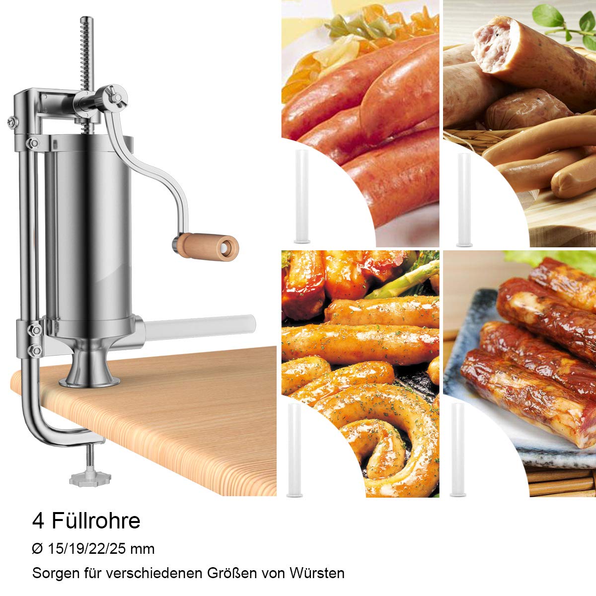 COSTWAY 1,5kg/2,5kg/3kg/5kg Wurstfüller manuell, Wurstmaschine aus Edelstahl, Wurstfüllmaschine silber, Wurstpresse mit Tischklemme, Wurstspritze inkl. Füllrohre (2,5KG - 4 Füllrohre)